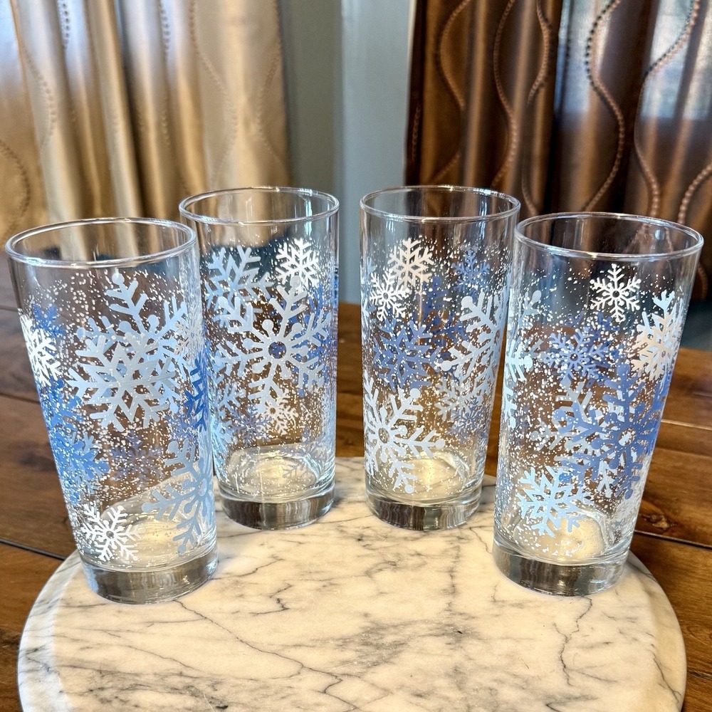 4pc VTG Libbey Blue White  Snowflake Holiday Christmas Glasses Glass Tumbler
